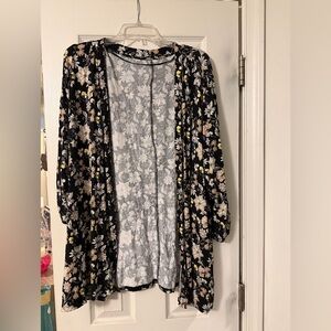 Black Floral Open-Front Kimono Cardigan